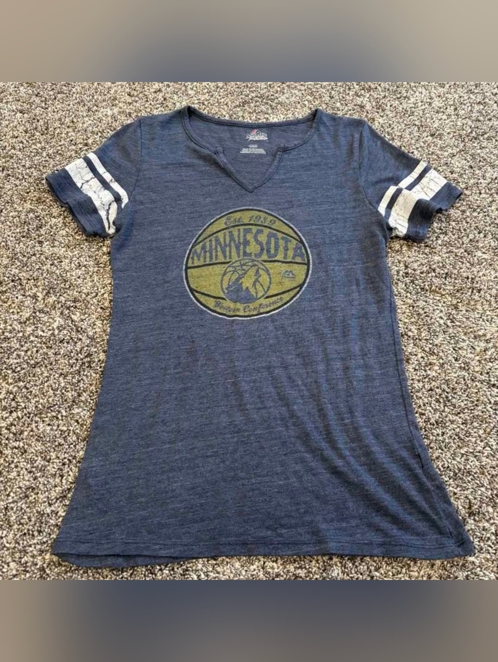 Women's Minnesota Timberwolves Graphic Tee - Navy with White Sleeve Stripes